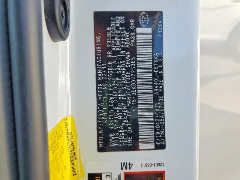 Auction sale of the 2011 Toyota Camry, vin: 4T1BF3EK0BU725365, lot number: 54188326