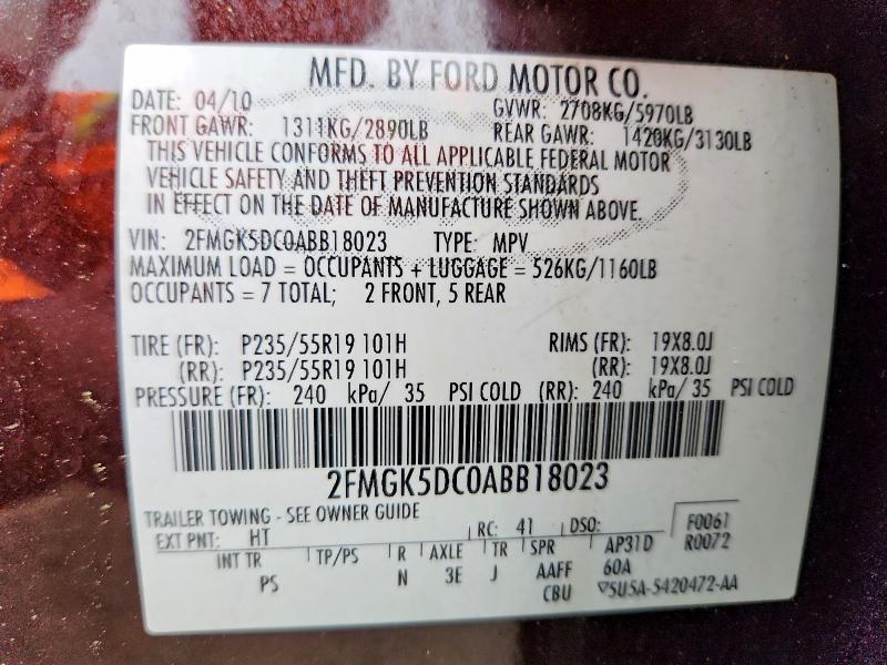 53949096 :رقم المزاد ، 2FMGK5DC0ABB18023 vin ، 2010 Ford Flex مزاد بيع