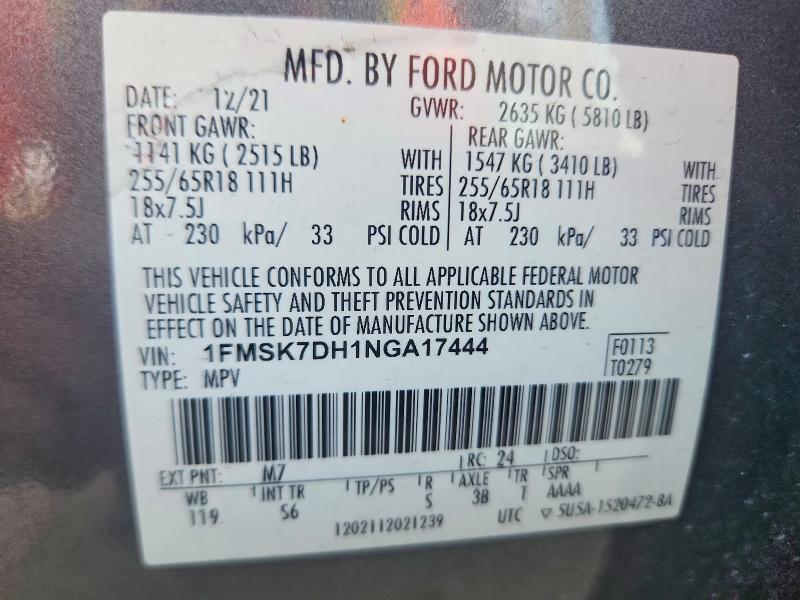 2022 Ford Explorer მანქანა იყიდება აუქციონზე, vin: 1FMSK7DH1NGA17444, აუქციონის ნომერი: 53543356