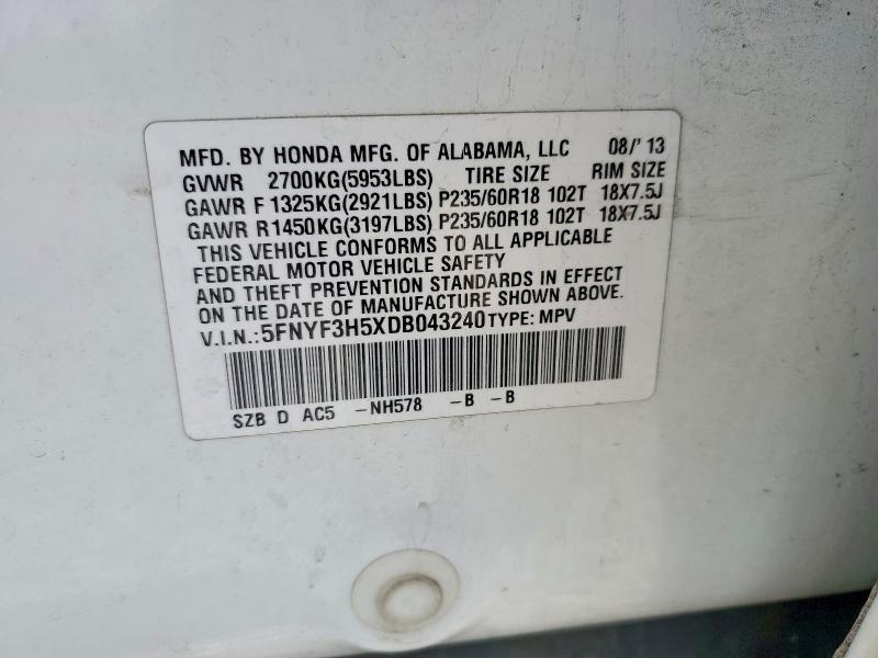 Продажа на аукционе авто 2013 Honda Pilot, vin: 5FNYF3H5XDB043240, номер лота: 53974056