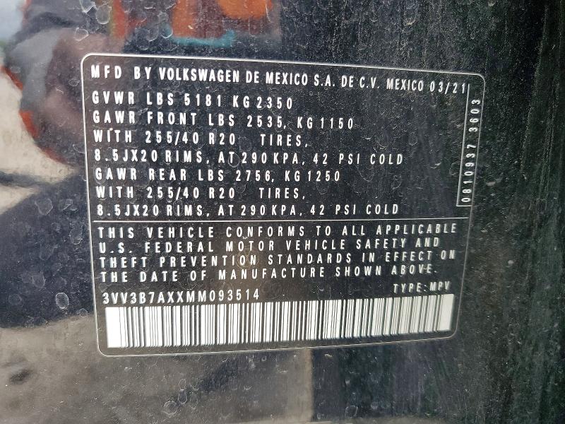 Aukcja sprzedaży 2021 Volkswagen Tiguan, vin: 3VV3B7AXXMM093514, numer aukcji: 52867856