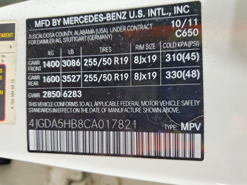 2012 Mercedes-benz Ml მანქანა იყიდება აუქციონზე, vin: 4JGDA5HB8CA017821, აუქციონის ნომერი: 53826866