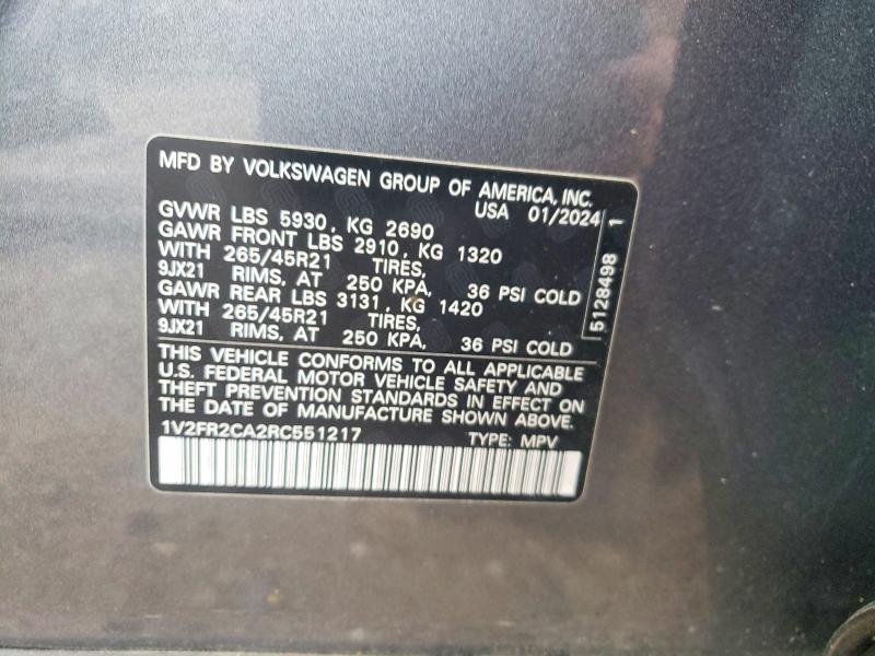 Продаж на аукціоні авто 2024 Volkswagen Atlas, vin: 1V2FR2CA2RC551217, номер лоту: 52887736