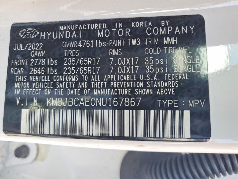 49679556 :رقم المزاد ، KM8JBCAE0NU167867 vin ، 2022 Hyundai Tucson مزاد بيع