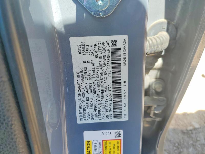 2022 Honda Civic მანქანა იყიდება აუქციონზე, vin: 2HGFE1E56NH472911, აუქციონის ნომერი: 53384236