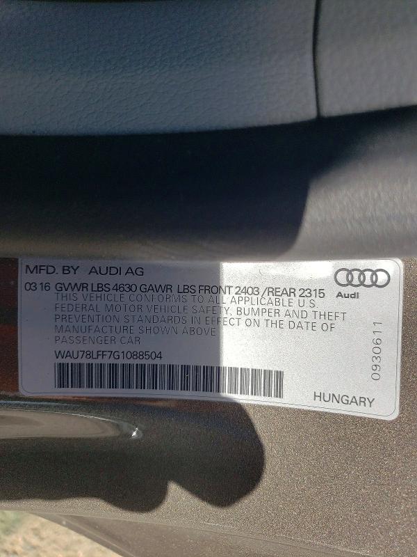 55216886 :رقم المزاد ، WAU78LFF7G1088504 vin ، 2016 Audi A3 مزاد بيع