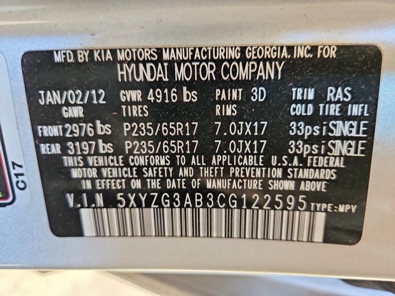 52641666 :رقم المزاد ، 5XYZG3AB3CG122595 vin ، 2012 Hyundai Santa Fe مزاد بيع