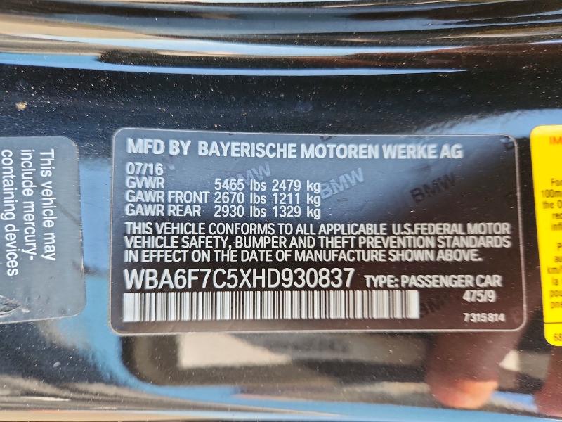 2017 Bmw 650 მანქანა იყიდება აუქციონზე, vin: WBA6F7C5XHD930837, აუქციონის ნომერი: 53939436