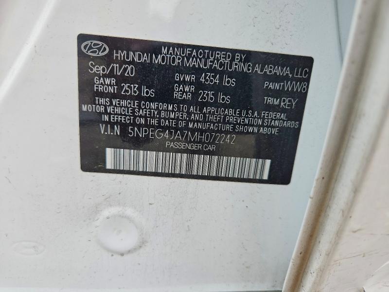 2021 Hyundai Sonata მანქანა იყიდება აუქციონზე, vin: 5NPEG4JA7MH072242, აუქციონის ნომერი: 54636636