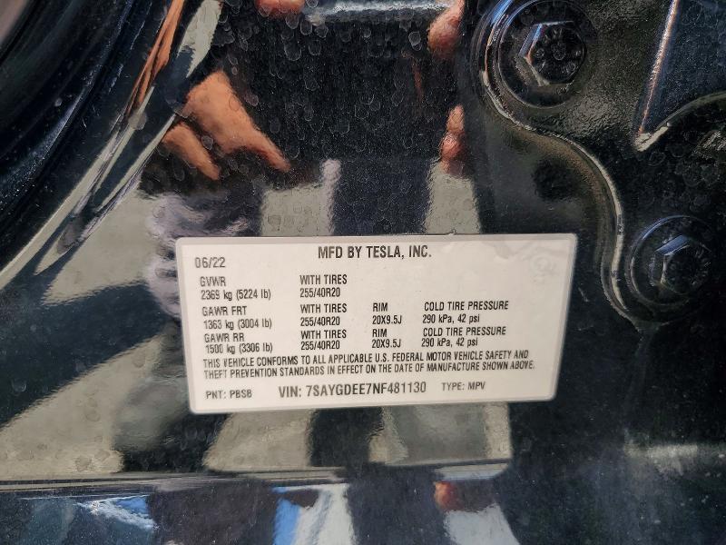 52950686 :رقم المزاد ، 7SAYGDEE7NF481130 vin ، 2022 Tesla Model Y مزاد بيع