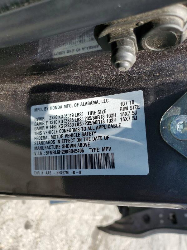 53217886 :رقم المزاد ، 5FNRL6H29KB045496 vin ، 2019 Honda Odyssey مزاد بيع