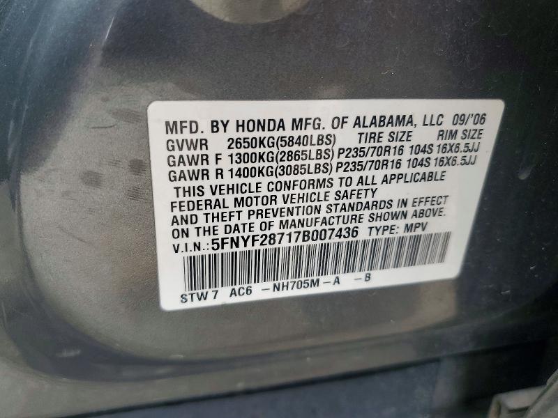 2007 Honda Pilot მანქანა იყიდება აუქციონზე, vin: 5FNYF28717B007436, აუქციონის ნომერი: 55376136
