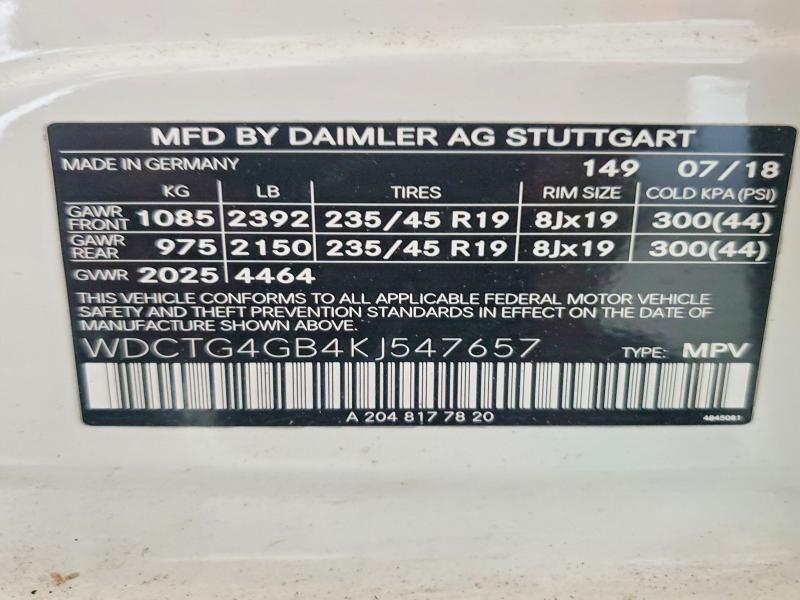 2019 Mercedes-benz 250 მანქანა იყიდება აუქციონზე, vin: WDCTG4GB4KJ547657, აუქციონის ნომერი: 53265546