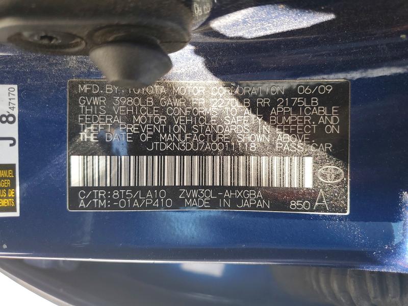 55099396 :رقم المزاد ، JTDKN3DU7A0011118 vin ، 2010 Toyota Prius مزاد بيع