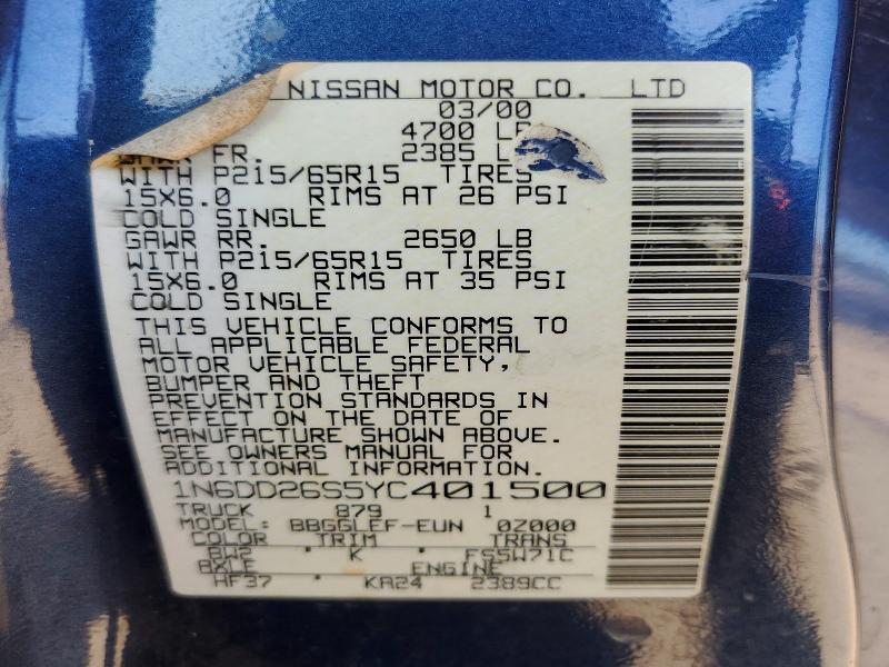 2000 Nissan Frontier მანქანა იყიდება აუქციონზე, vin: 1N6DD26S5YC401500, აუქციონის ნომერი: 53292346
