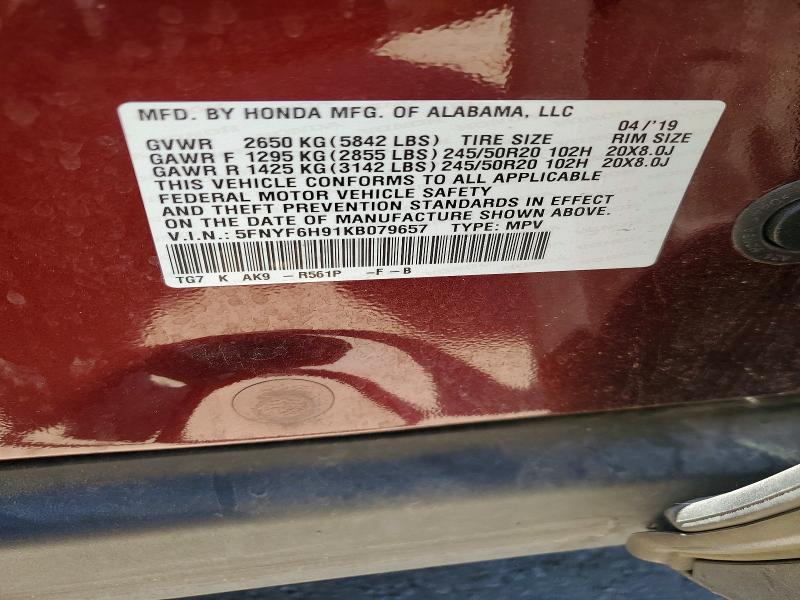 Продаж на аукціоні авто 2019 Honda Pilot, vin: 5FNYF6H91KB079657, номер лоту: 52879426