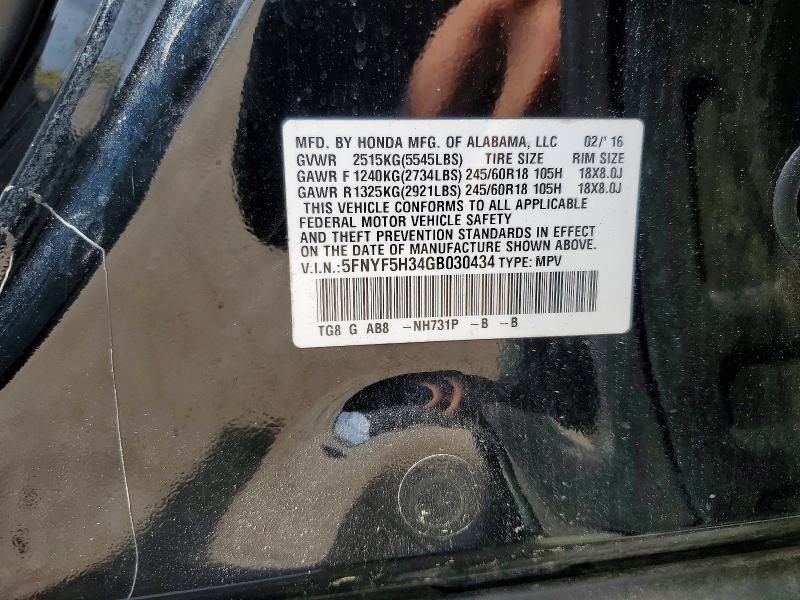 2016 Honda Pilot მანქანა იყიდება აუქციონზე, vin: 5FNYF5H34GB030434, აუქციონის ნომერი: 54675076