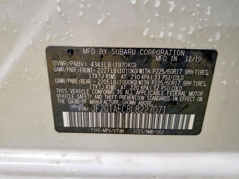 Aukcja sprzedaży 2020 Subaru Crosstrek, vin: JF2GTAEC8L8227071, numer aukcji: 51991136