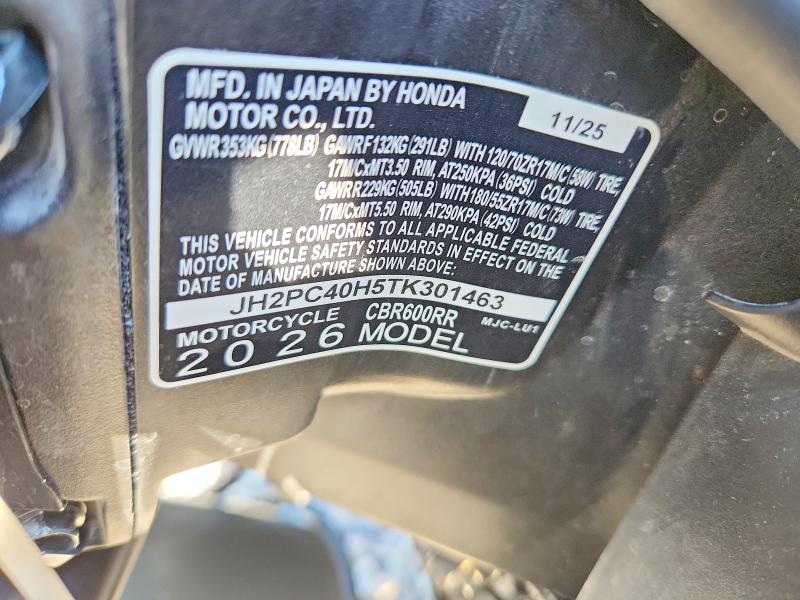 2026 Honda Cbr600 მანქანა იყიდება აუქციონზე, vin: JH2PC40H5TK301463, აუქციონის ნომერი: 53400936