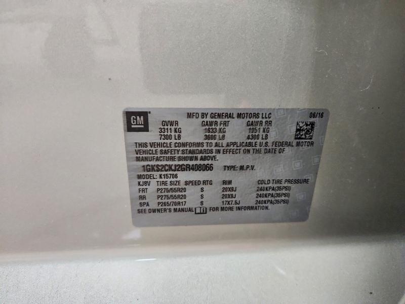 52948386 :رقم المزاد ، 1GKS2CKJ2GR408066 vin ، 2016 Gmc Yukon مزاد بيع