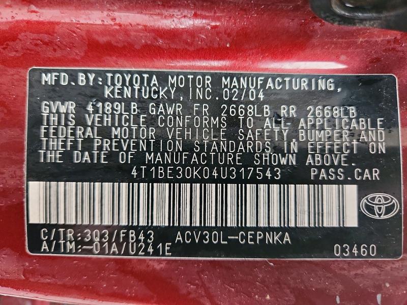 Продажа на аукционе авто 2004 Toyota Camry, vin: 4T1BE30K04U317543, номер лота: 52418046