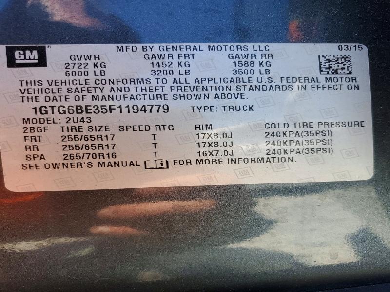 52358906 :رقم المزاد ، 1GTG6BE35F1194779 vin ، 2015 Gmc Canyon مزاد بيع