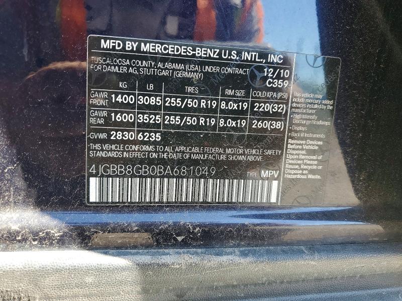 52175646 :رقم المزاد ، 4JGBB8GB0BA681049 vin ، 2011 Mercedes-benz Ml مزاد بيع