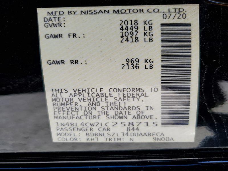 Продажа на аукционе авто 2020 Nissan Altima, vin: 1N4BL4CW2LC258715, номер лота: 52271946