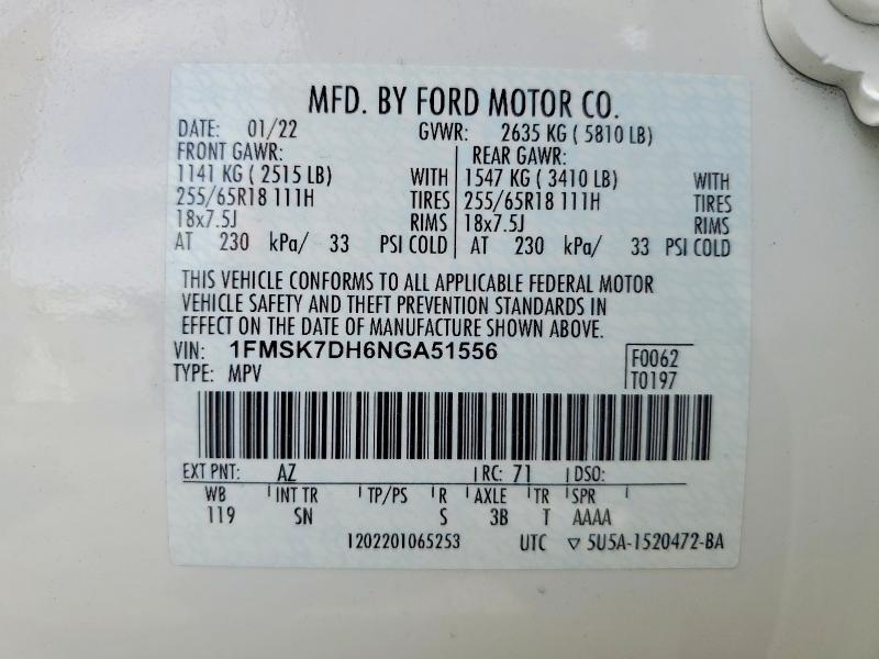 55023576 :رقم المزاد ، 1FMSK7DH6NGA51556 vin ، 2022 Ford Explorer مزاد بيع