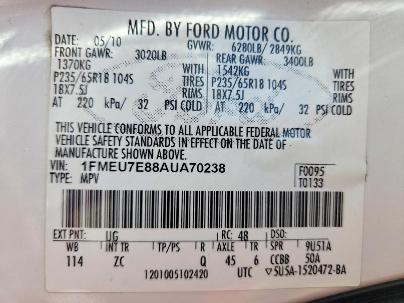 Продаж на аукціоні авто 2010 Ford Explorer, vin: 1FMEU7E88AUA70238, номер лоту: 53305496