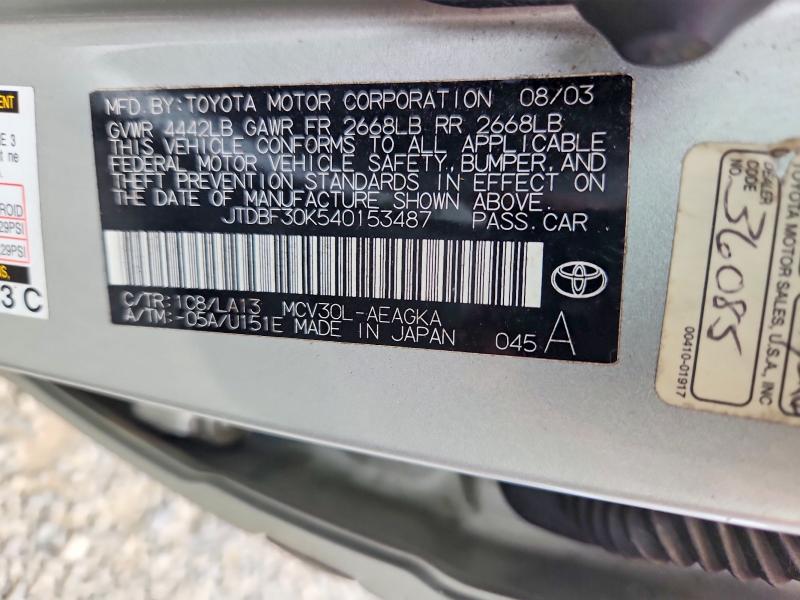 55180256 :رقم المزاد ، JTDBF30K540153487 vin ، 2004 Toyota Camry مزاد بيع