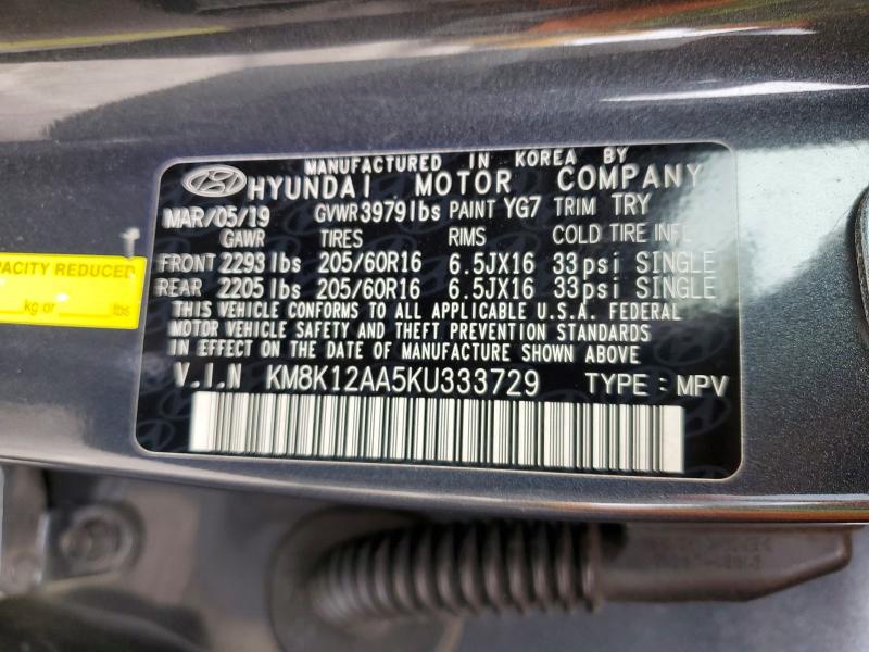 55194136 :رقم المزاد ، KM8K12AA5KU333729 vin ، 2019 Hyundai Kona مزاد بيع