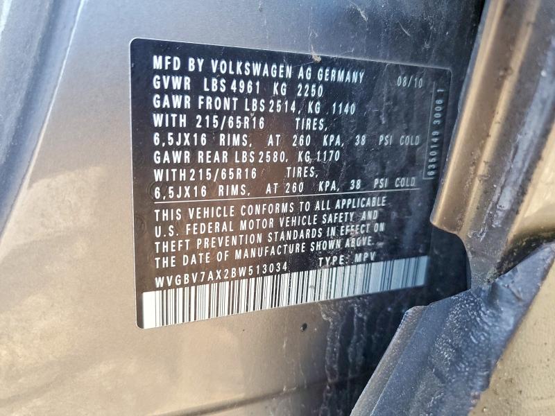 54720206 :رقم المزاد ، WVGBV7AX2BW513034 vin ، 2011 Volkswagen Tiguan مزاد بيع