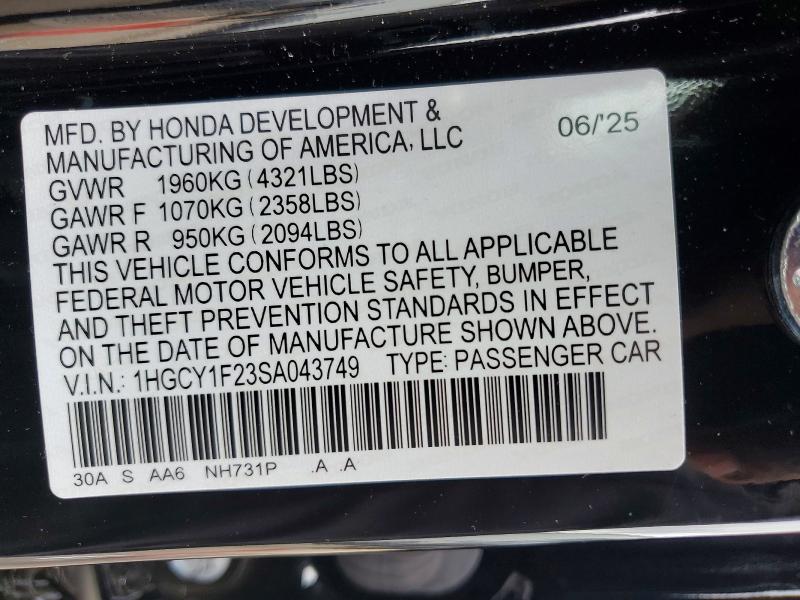 Aukcja sprzedaży 2025 Honda Accord, vin: 1HGCY1F23SA043749, numer aukcji: 52705376
