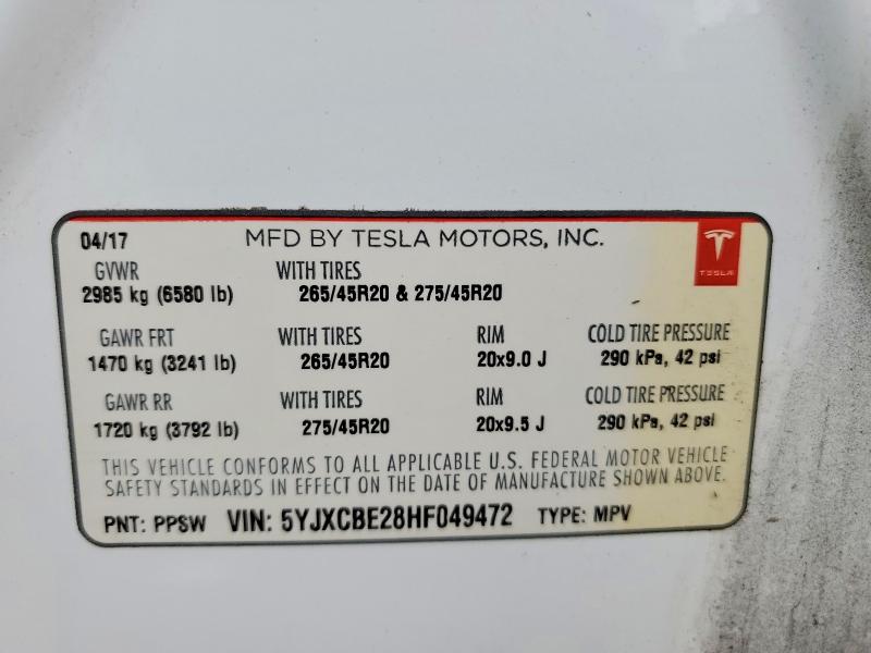 Aukcja sprzedaży 2017 Tesla Model X, vin: 5YJXCBE28HF049472, numer aukcji: 51912756