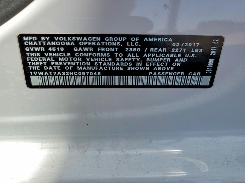 2017 Volkswagen Passat მანქანა იყიდება აუქციონზე, vin: 1VWAT7A32HC057045, აუქციონის ნომერი: 55050516
