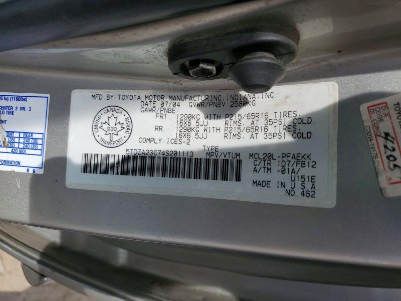 Auction sale of the 2004 Toyota Sienna, vin: 5TDZA23C74S201113, lot number: 54963516