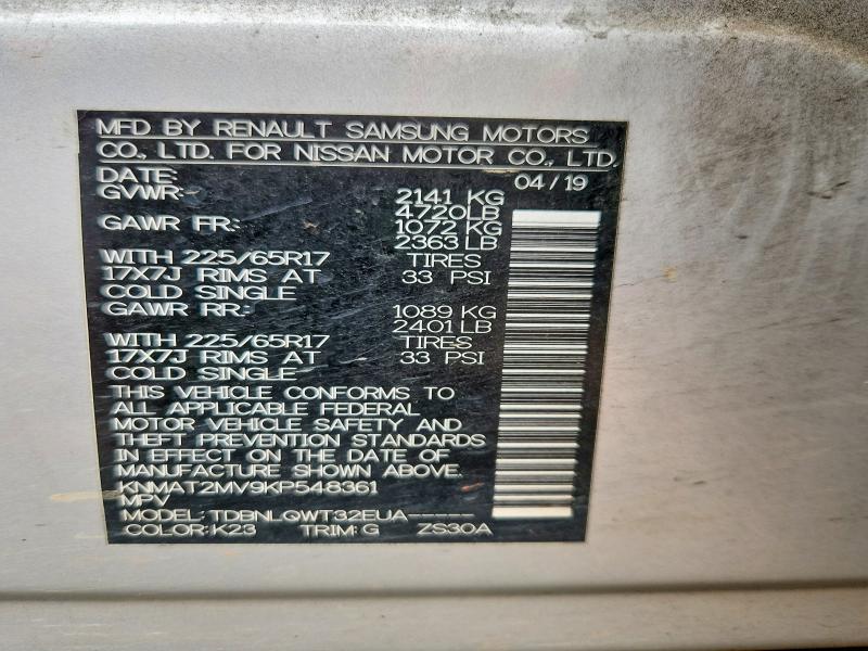 54123366 :رقم المزاد ، KNMAT2MV9KP548361 vin ، 2019 Nissan Rogue مزاد بيع