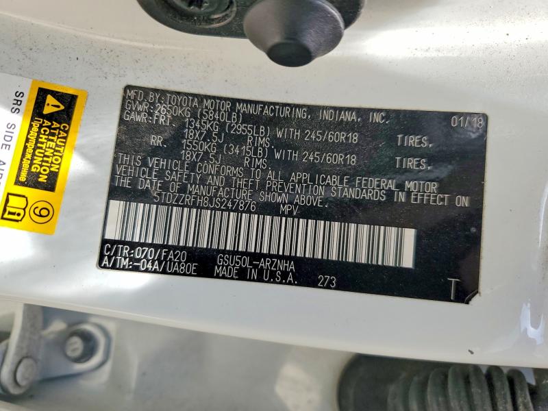 2018 Toyota Highlander მანქანა იყიდება აუქციონზე, vin: 5TDZZRFH8JS247876, აუქციონის ნომერი: 49576576