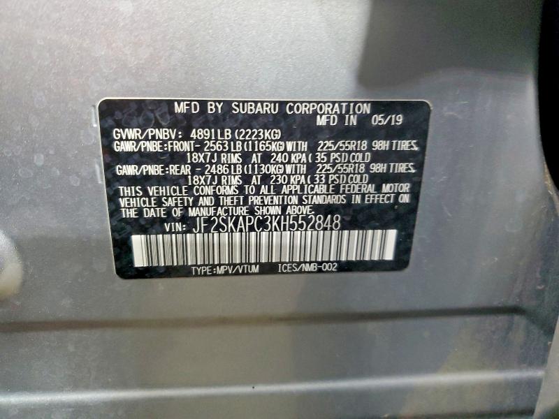 52164856 :رقم المزاد ، JF2SKAPC3KH552848 vin ، 2019 Subaru Forester مزاد بيع