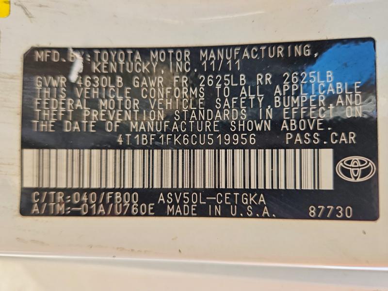 Продажа на аукционе авто 2012 Toyota Camry, vin: 4T1BF1FK6CU519956, номер лота: 53432936