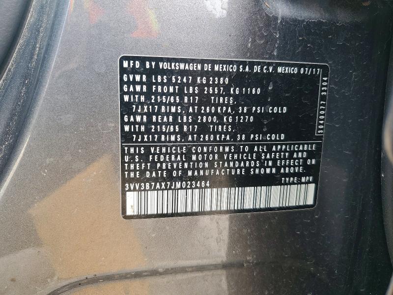 Aukcja sprzedaży 2018 Volkswagen Tiguan, vin: 3VV3B7AX7JM023464, numer aukcji: 52497066