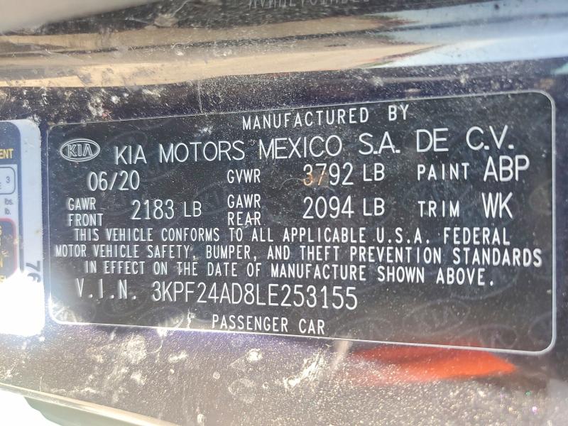 2020 Kia Forte მანქანა იყიდება აუქციონზე, vin: 3KPF24AD8LE253155, აუქციონის ნომერი: 55542676