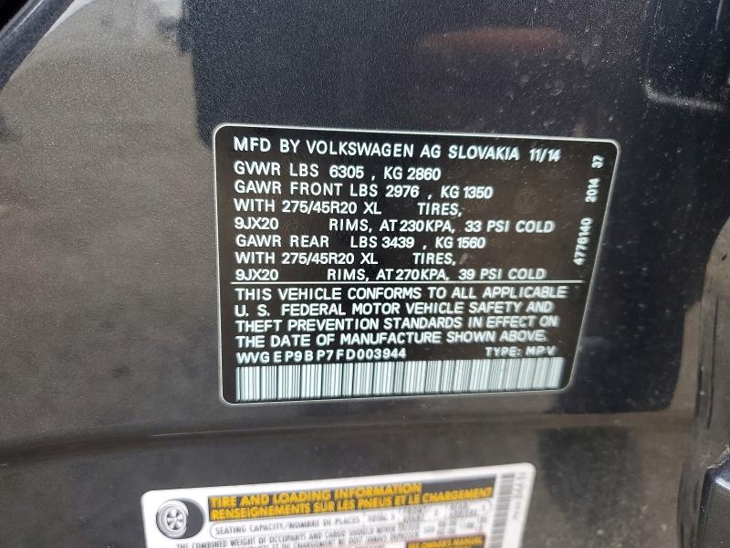 53918576 :رقم المزاد ، WVGEP9BP7FD003944 vin ، 2015 Volkswagen Touareg مزاد بيع