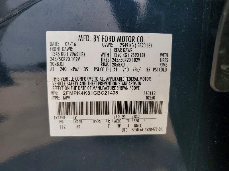 52908706 :رقم المزاد ، 2FMPK4K81GBC21498 vin ، 2016 Ford Edge مزاد بيع