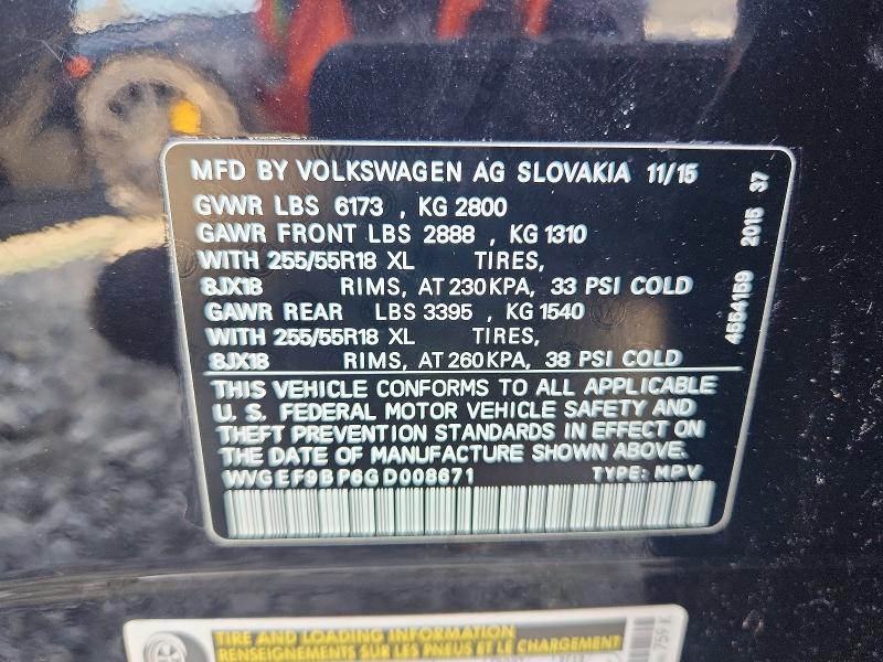 2016 Volkswagen Touareg მანქანა იყიდება აუქციონზე, vin: WVGEF9BP6GD008671, აუქციონის ნომერი: 52302956