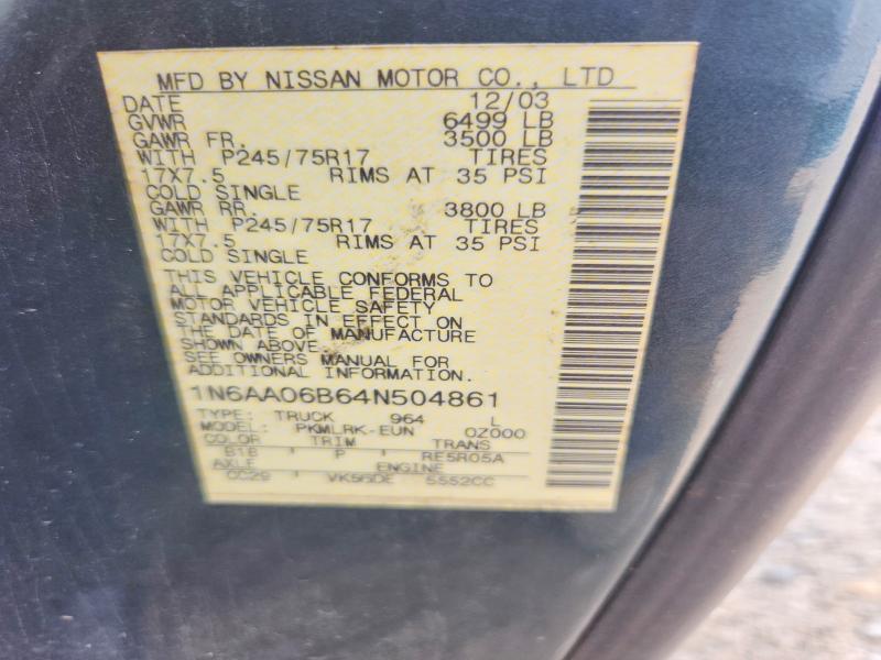 2004 Nissan Titan მანქანა იყიდება აუქციონზე, vin: 1N6AA06B64N504861, აუქციონის ნომერი: 54867116