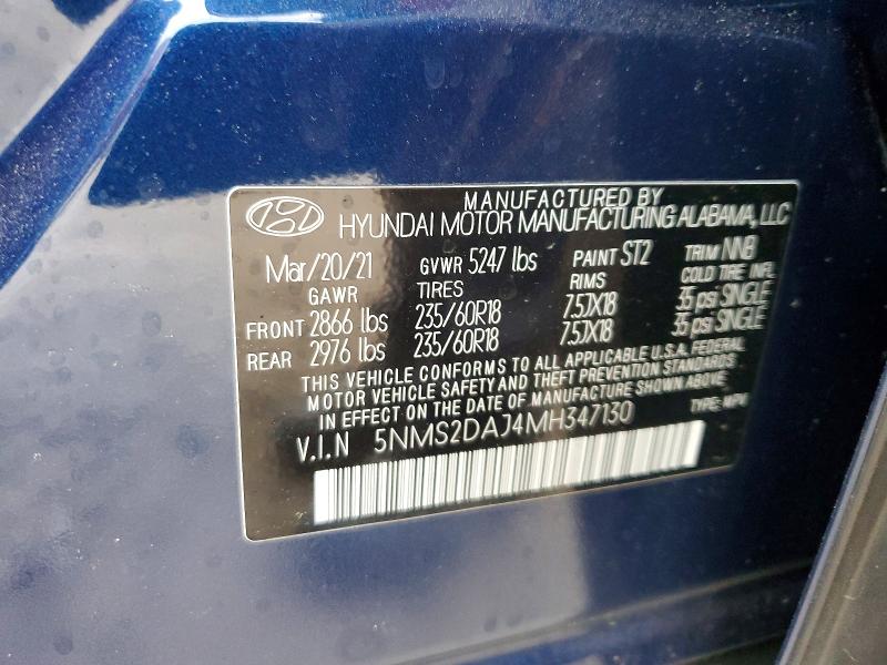 54174236 :رقم المزاد ، 5NMS2DAJ4MH347130 vin ، 2021 Hyundai Santa Fe مزاد بيع