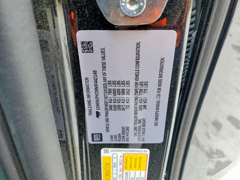 2021 Chevrolet Tahoe მანქანა იყიდება აუქციონზე, vin: 1GNSKPKD9MR442148, აუქციონის ნომერი: 54658636