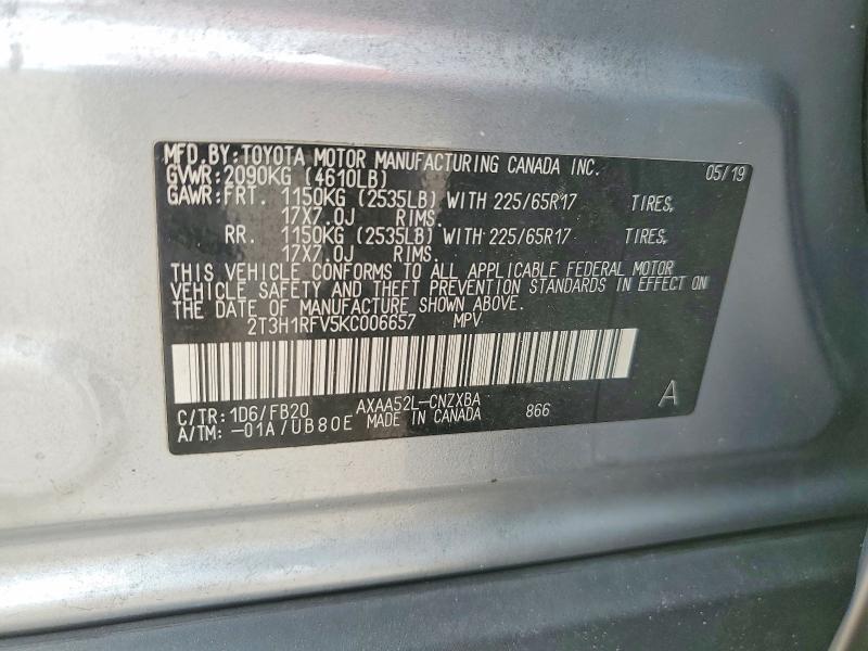 Продаж на аукціоні авто 2019 Toyota Rav4, vin: 2T3H1RFV5KC006657, номер лоту: 55185786